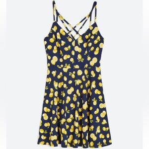 Brushed Knit Navy & Lemon Strappy Mini Dress